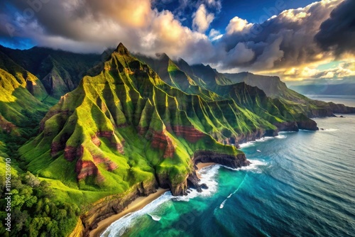 Kauai Kalalau Valley Ocean View: Dramatic Coastal Cliffs, Lush Rainforest,  Hawaiian Island Scenery photo