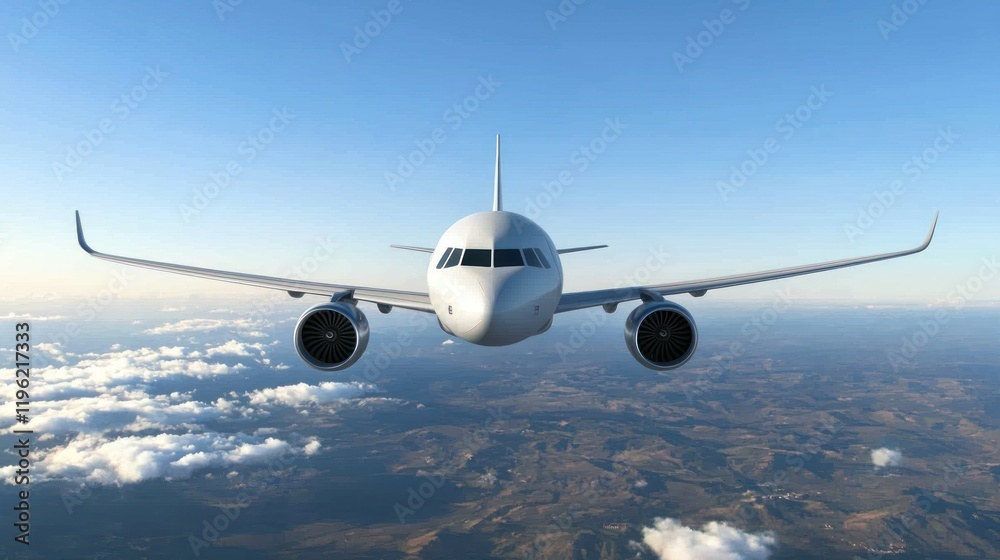 Obraz premium A passenger jet flying over a clear sky, with its engines visible.