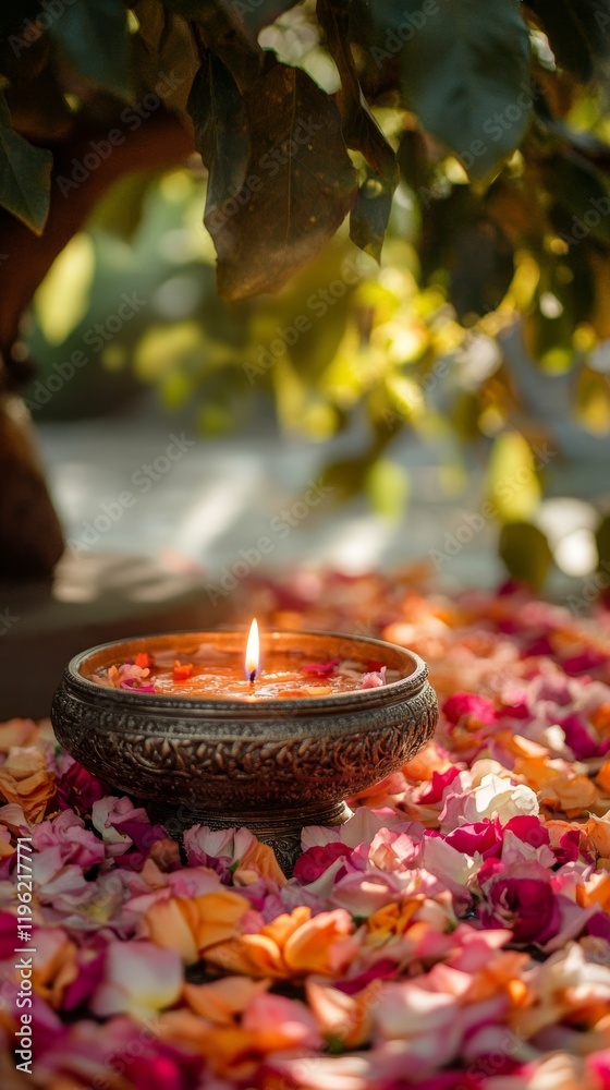 Obraz premium Diwali theme background of Indian flowers with a candle on an ornate bowl