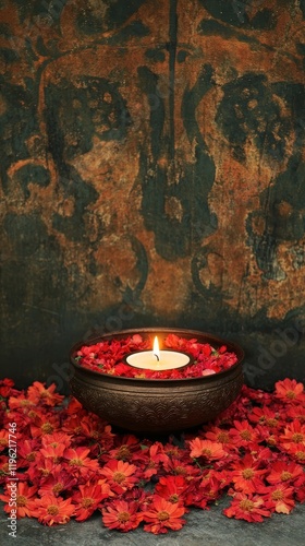 Diwali theme background of Indian flowers with a candle on an ornate bowl