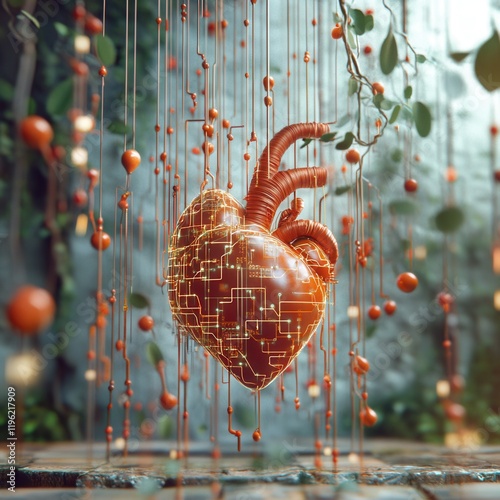 Realistic human heart fused with glowing AI circuits and neural patterns, blending organic form with futuristic tech in an eco-friendly medical setting. photo