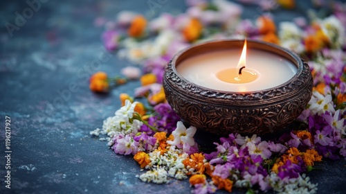 Diwali theme background of Indian flowers with a candle on an ornate bowl