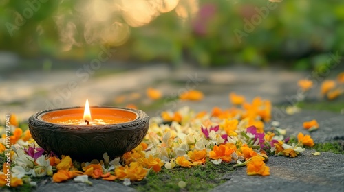 Diwali theme background of Indian flowers with a candle on an ornate bowl