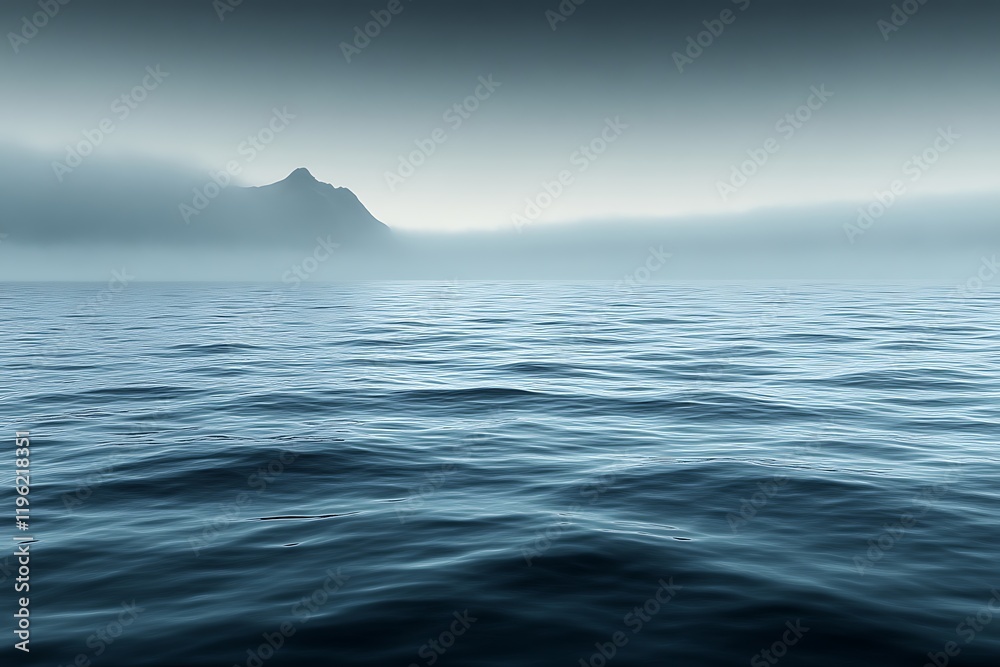 Misty mountain peak over calm ocean.