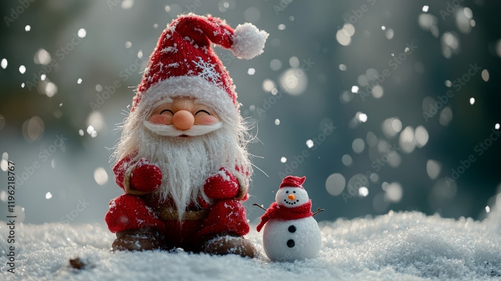 Smiling Santa Figurine with Snowman in Snowy Scene Smiling Santa Figurine with Snowman in Snowy Scene