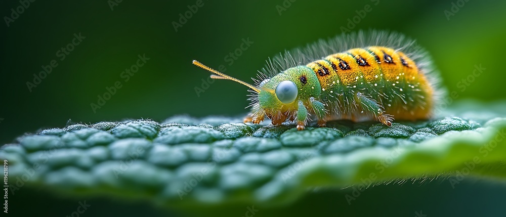 Naklejka premium Vibrant green and yellow larva on leaf.