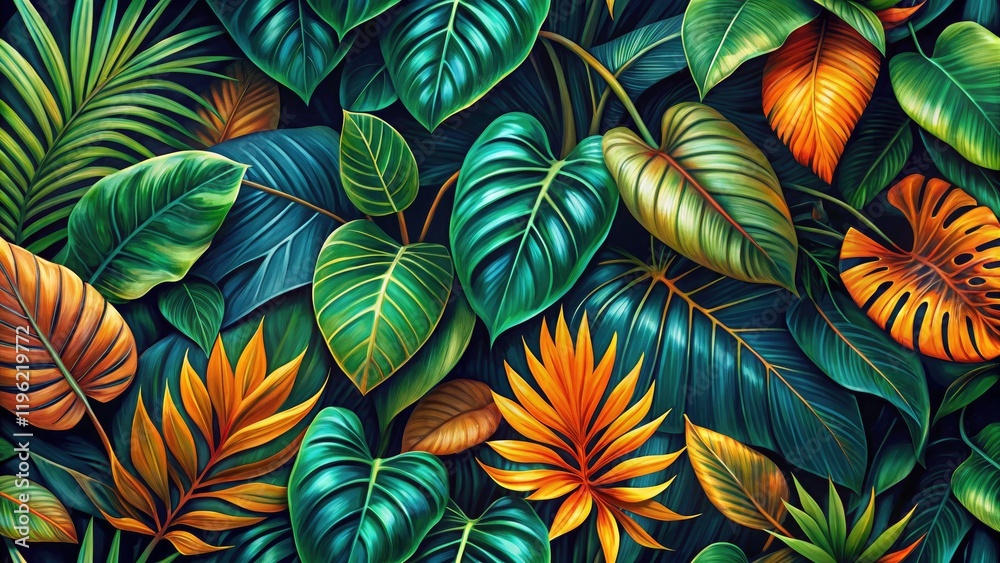 Naklejka premium Lush Tropical Leaves Panoramic Wallpaper, Vibrant Green Orange Foliage Dark Background, Exotic Plant Pattern