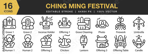 Ching Ming Festival icon set. Editable Stroke Icon Collection. Includes festival, asian, chinese, culture, people, ancestors, and More. Outline icons vector collection.