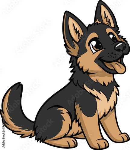 A vibrant vector illustration of a playful German Shepherd puppy sitting with a cheerful expression.