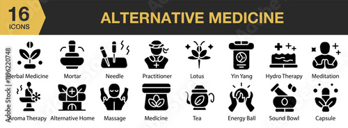 Alternative Medicine solid icon set. Includes  herbal, natural, care, organic, wellness, and More. Solid icons vector collection.