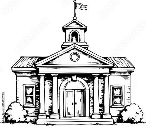 School building sketch in black and white, education symbolism