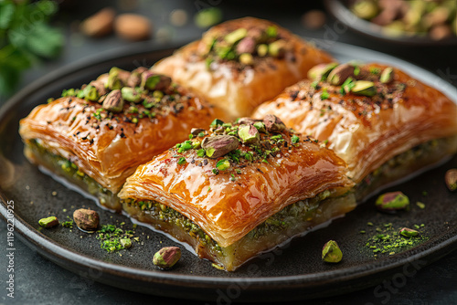 Delicious baklava with pistachio served on a plate.