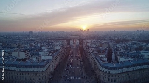 Stunning Aerial View of Paris at Sunrise with Arc de Triomphe