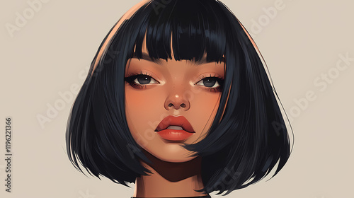 Black bob wig with blunt bangs. Blazetide. Illustration