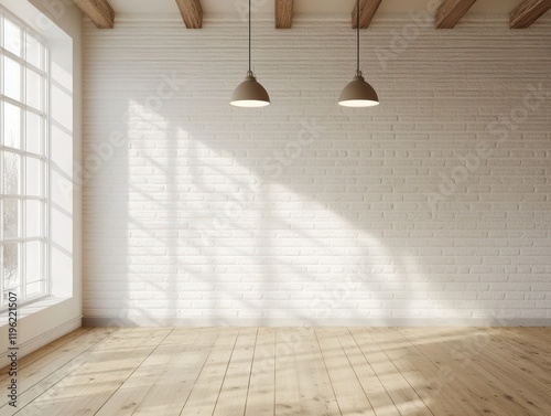 Sunlight streams into minimalist loft, showcasing empty brick wall, hardwood floor, and large window; ideal for interior design