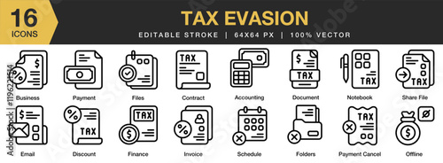 Tax Evasion icon set. Editable Stroke Icon Collection. Includes money, evasion, financial, business, fraud, tax, and More. Outline icons vector collection.