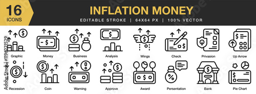 Inflation Money icon set. Editable Stroke Icon Collection. Includes finance, inflation, money, business, economy, and More. Outline icons vector collection.