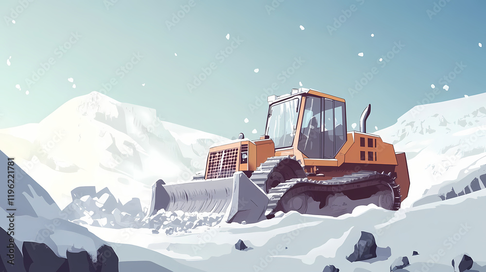Bulldozer works in snowy quarry, blasting rock. illustrates industrial mining in harsh winter conditions. Blazetide. Illustration