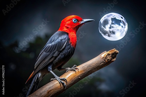 Night Bird Photography: Striking Black Bird with Long Red Bill, Graceful Pose, Dark Background photo