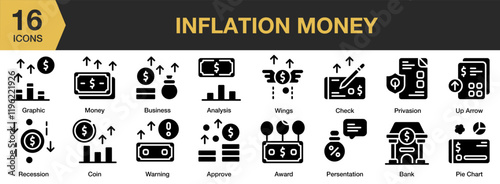 Inflation Money solid icon set. Includes financial, currency, tax, bank, cost, risk, and More. Solid icons vector collection.