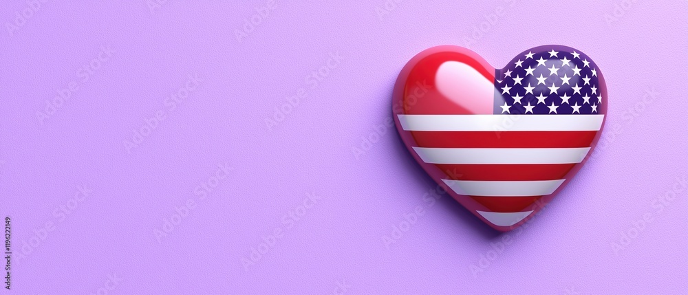 Obraz premium A colorful heart symbol featuring red, white, and blue representing patriotism on a vibrant purple background.