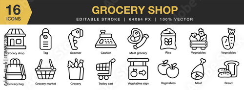 Grocery Shop icon set. Editable Stroke Icon Collection. Includes store, supermarket, food, purchase, grocery, and More. Outline icons vector collection.
