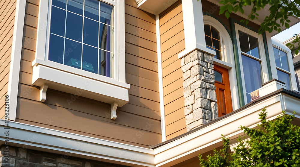 Fototapeta premium Modern House Exterior: Brown Siding, White Trim, Stone Accents