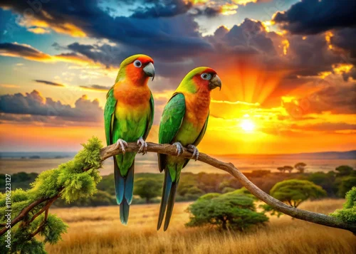 Obraz Nyasa Lovebirds Landscape Photography: Stunning African Parrot Couple in Vibrant Habitat