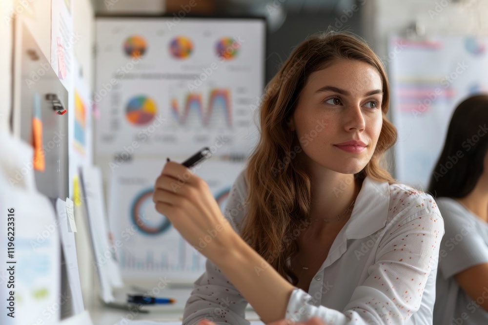 Person holding a marker in front of a whiteboard with colorful charts and graphs Person holding a marker in front of a whiteboard with colorful charts and graphs
