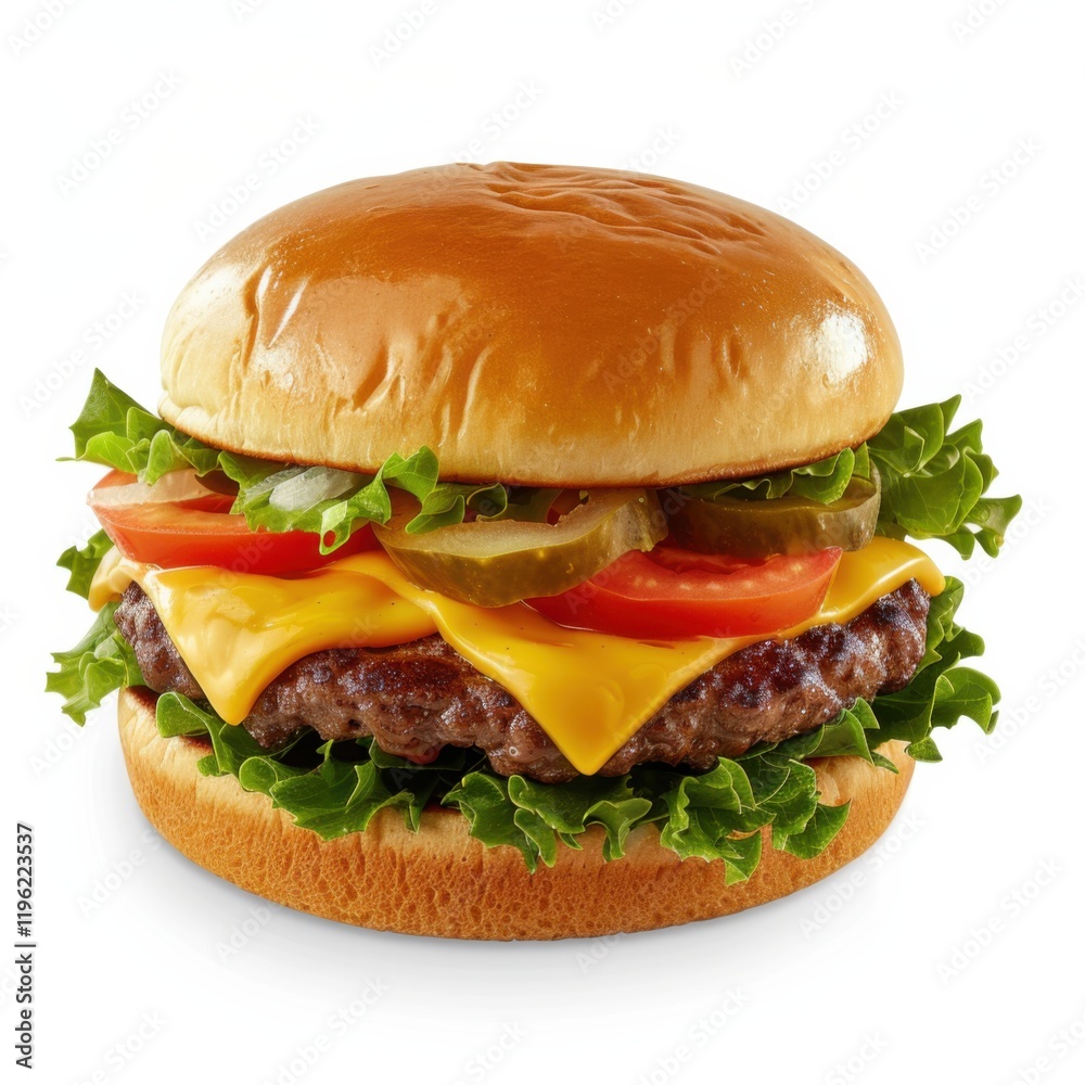 A juicy cheeseburger with melted cheddar, crisp lettuce, and tomato slices A juicy cheeseburger with melted cheddar, crisp lettuce, and tomato slices