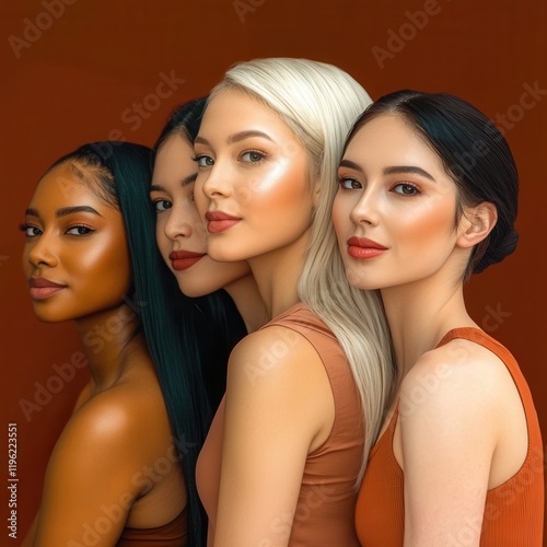 Empowering portrait of diverse women radiating confidence, individuality and inclusivity, styled with bold colors and modern beauty aesthetics. photo