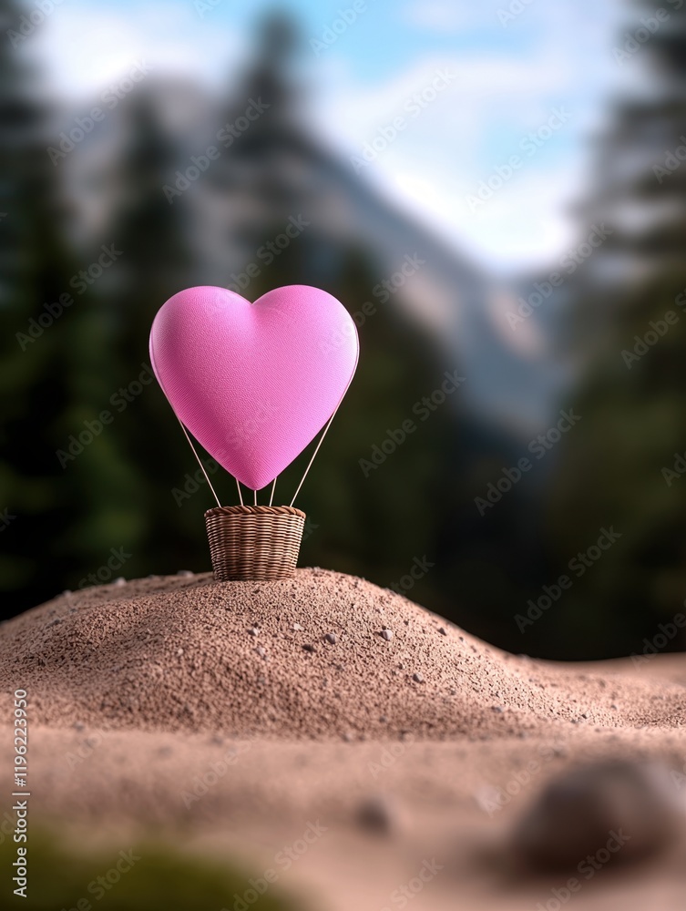Fototapeta premium A whimsical heart-shaped hot air balloon resting on a mound, surrounded by trees, symbolizing love and adventure.