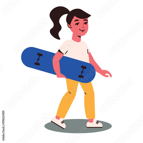 A girl carries a blue skateboard while walking with yellow pants and white shoes