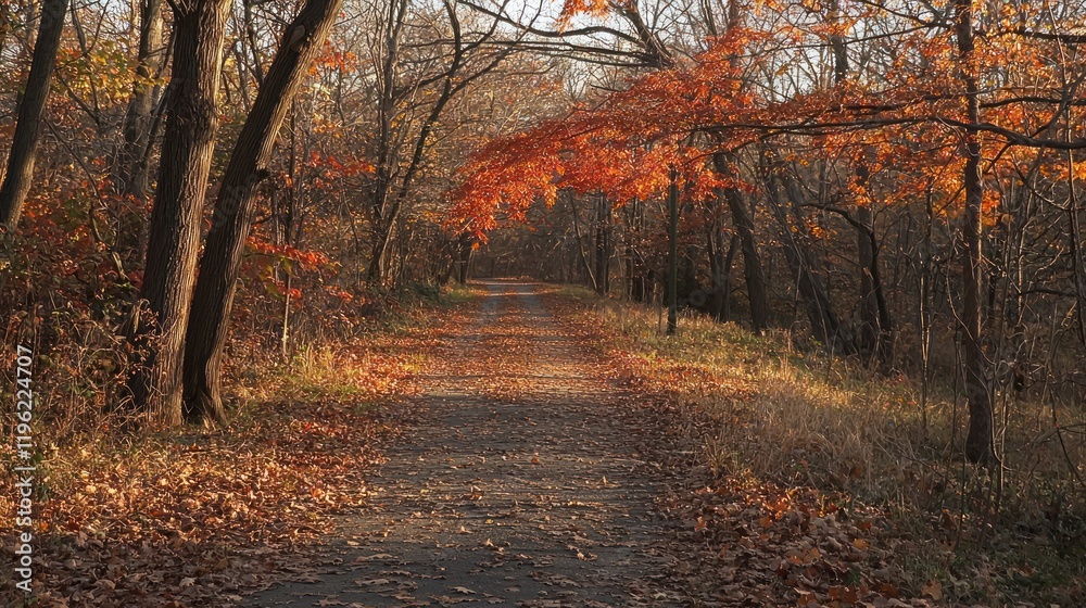 A pathway lined with orange and red leaves, with sunlight filtering through the trees on a fall day A pathway lined with orange and red leaves, with sunlight filtering through the trees on a fall day