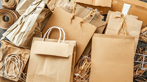 Eco-friendly paper bags and packaging materials on dark surface photo