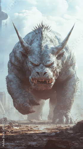 hulking beast with spines prowling through desolate landscape