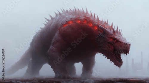 hulking beast with spines prowling in misty landscape