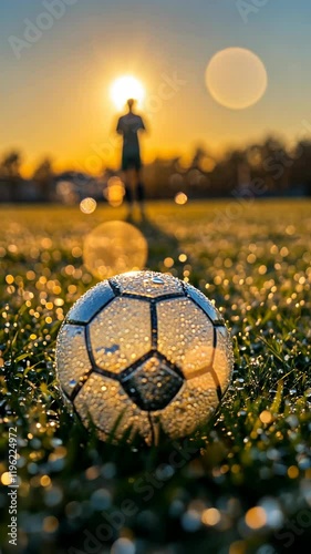 Early morning soccer practice with dew-covered ball against a stunning sunrise backdrop