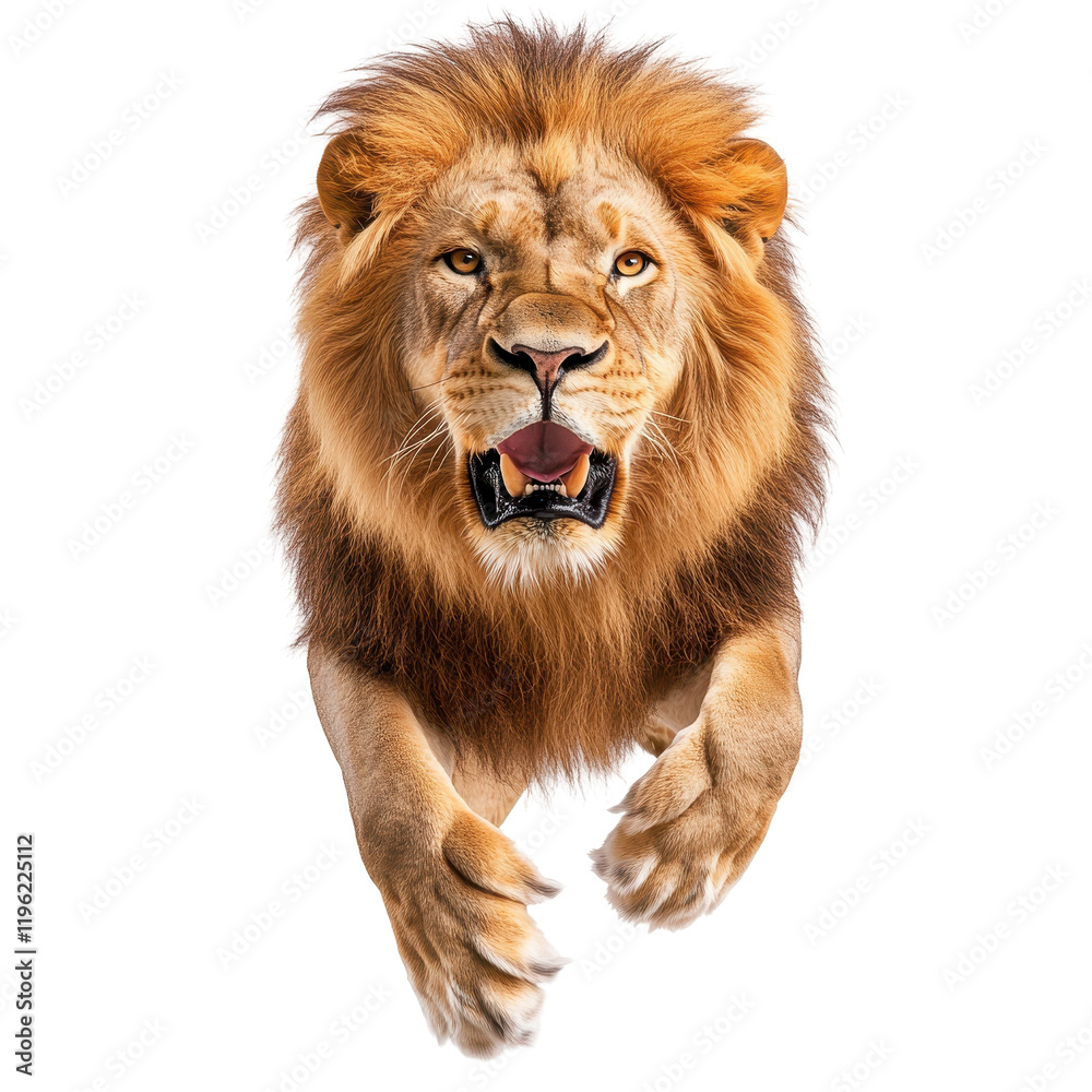 A fierce lion running towards the viewer, showcasing its majestic and powerful nature. transparent background A fierce lion running towards the viewer, showcasing its majestic and powerful nature. transparent background
