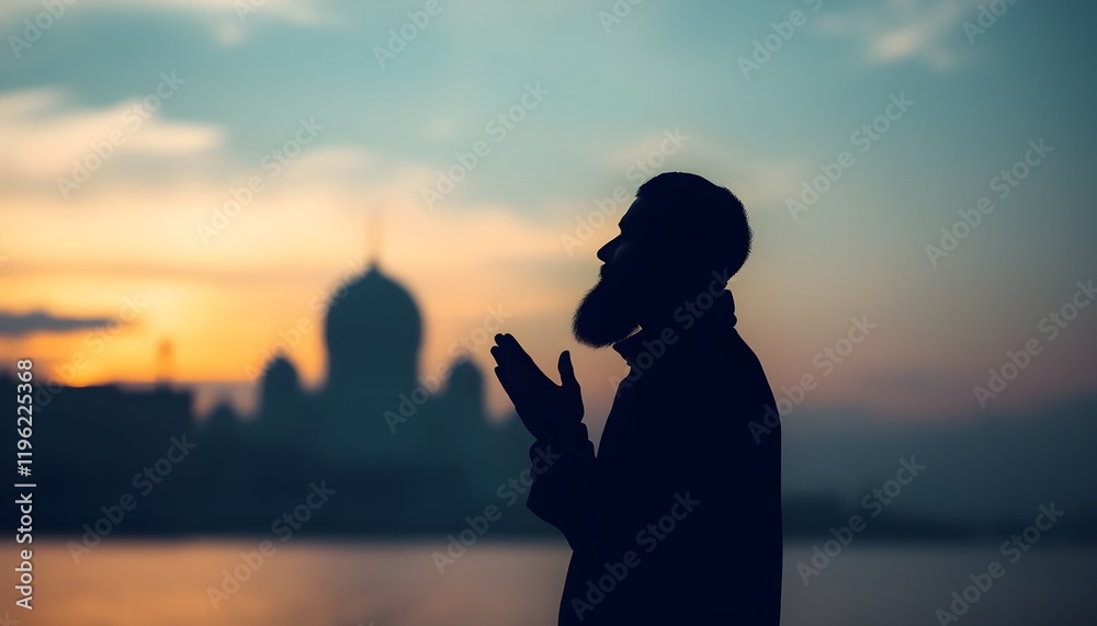 Fototapeta premium Silhouette of a Muslim man in prayer, set against a serene background, symbolizing faith, devotion, and spirituality.