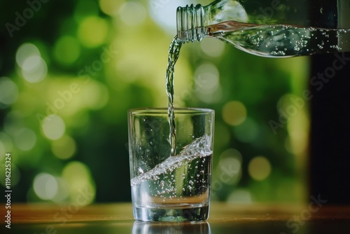 Sparkling water poured glass, outdoors, bokeh background, refreshment