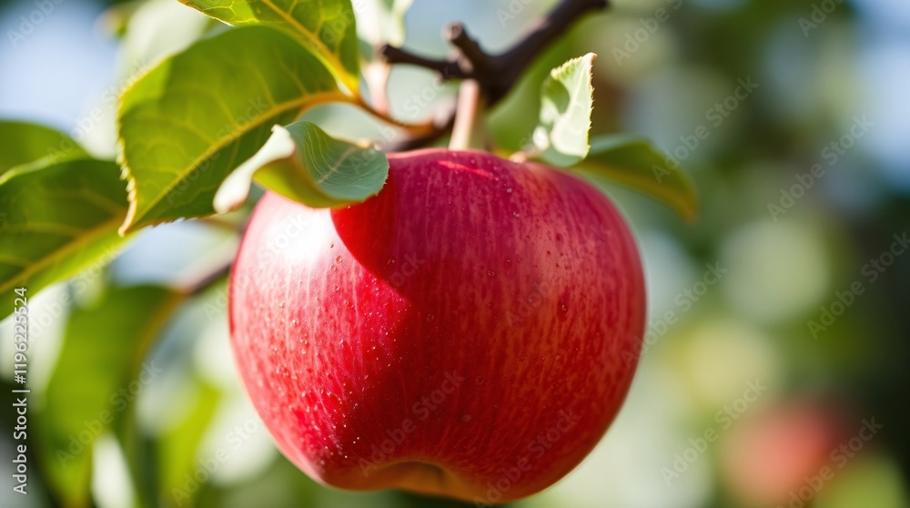 Ripe red apple on a tree surrounded by green leaves, bathed in warm sunlight, representing freshness, harvest, and nature's beauty. Ripe red apple on a tree surrounded by green leaves, bathed in warm sunlight, representing freshness, harvest, and nature's beauty.