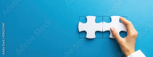 Wallpaper Mural Hand fitting puzzle pieces on blue background Torontodigital.ca