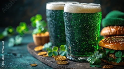 Festive green beer with burgers and shamrocks celebrating st. patrick's day photo