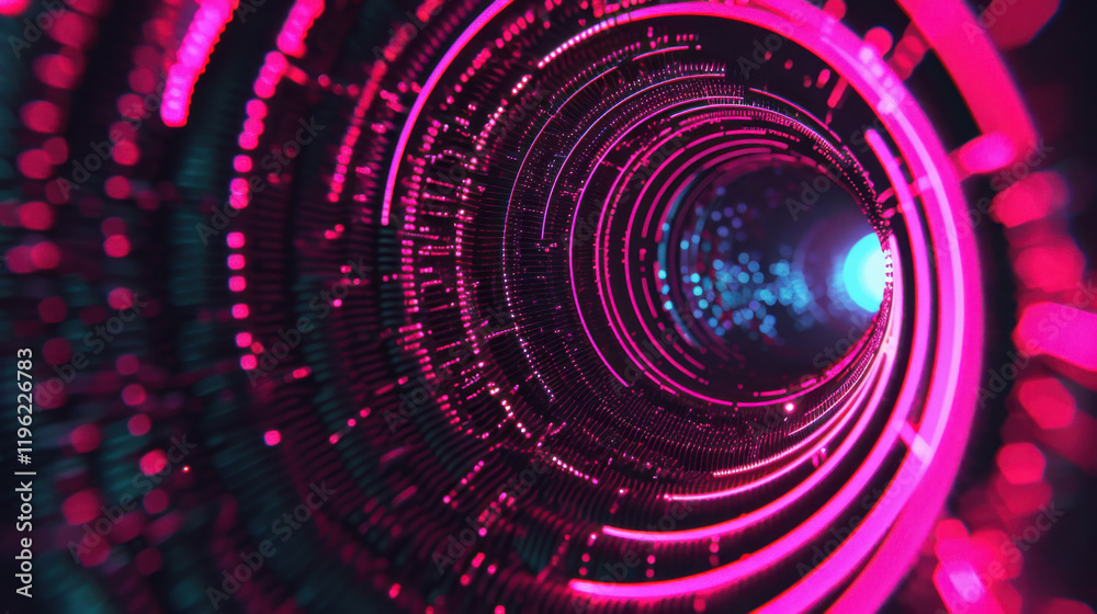 Vibrant digital tunnel with glowing pink and blue particles creating mesmerizing effect. futuristic design evokes sense of depth and movement Vibrant digital tunnel with glowing pink and blue particles creating mesmerizing effect. futuristic design evokes sense of depth and movement