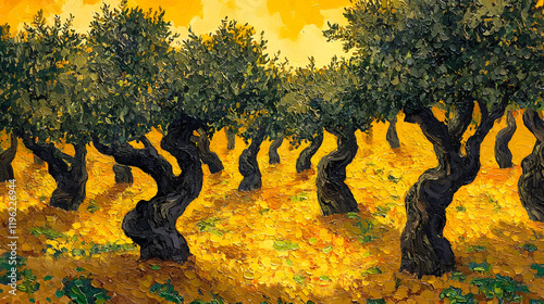 A peaceful olive grove with twisted tree trunks painted in warm brown tones, surrounded by textured leaves in vibrant green under a radiant yellow and orange sky 