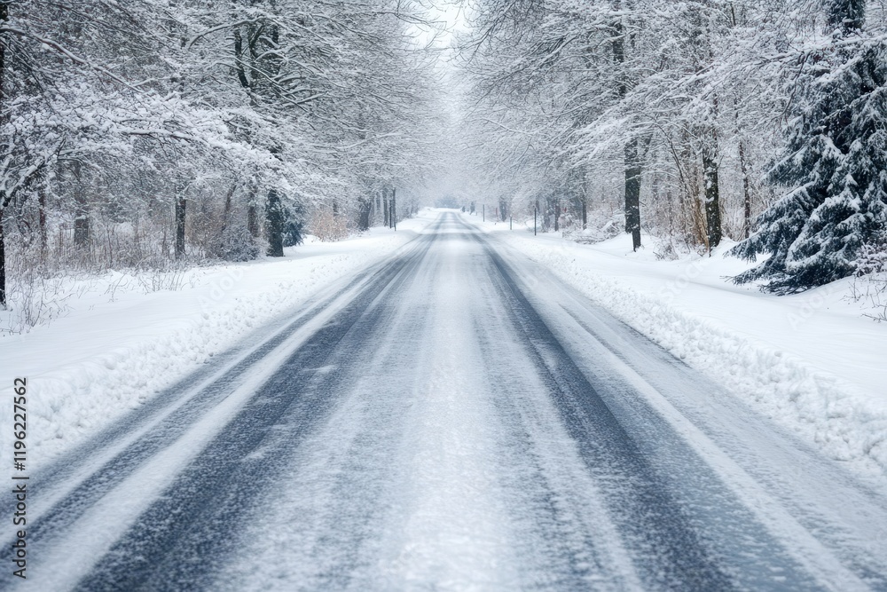 Snowy road, winter forest, tire tracks, travel, postcard Snowy road, winter forest, tire tracks, travel, postcard