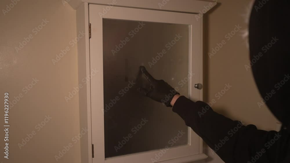 Part 2: A masked figure stands before a fogged mirror, dim light flickering around him. He traces the words Part 2: A masked figure stands before a fogged mirror, dim light flickering around him. He traces the words