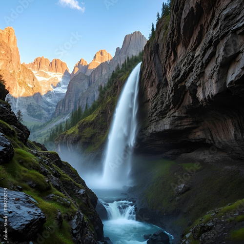 Beautiful shot of a waterfall coming down from mountains