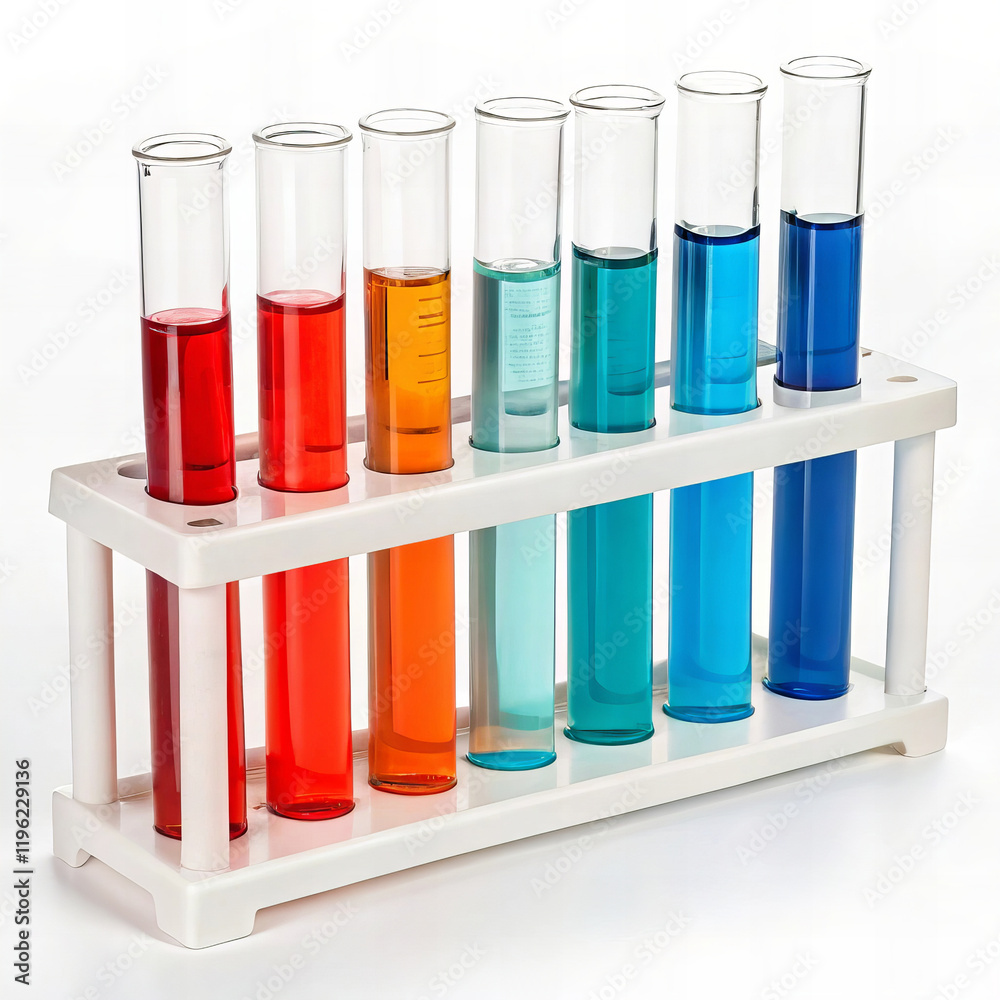 Colorful test tubes filled with various liquids are displayed in white rack, showcasing vibrant hues of red, orange, and blue. This captures essence of scientific exploration and experimentation Colorful test tubes filled with various liquids are displayed in white rack, showcasing vibrant hues of red, orange, and blue. This captures essence of scientific exploration and experimentation